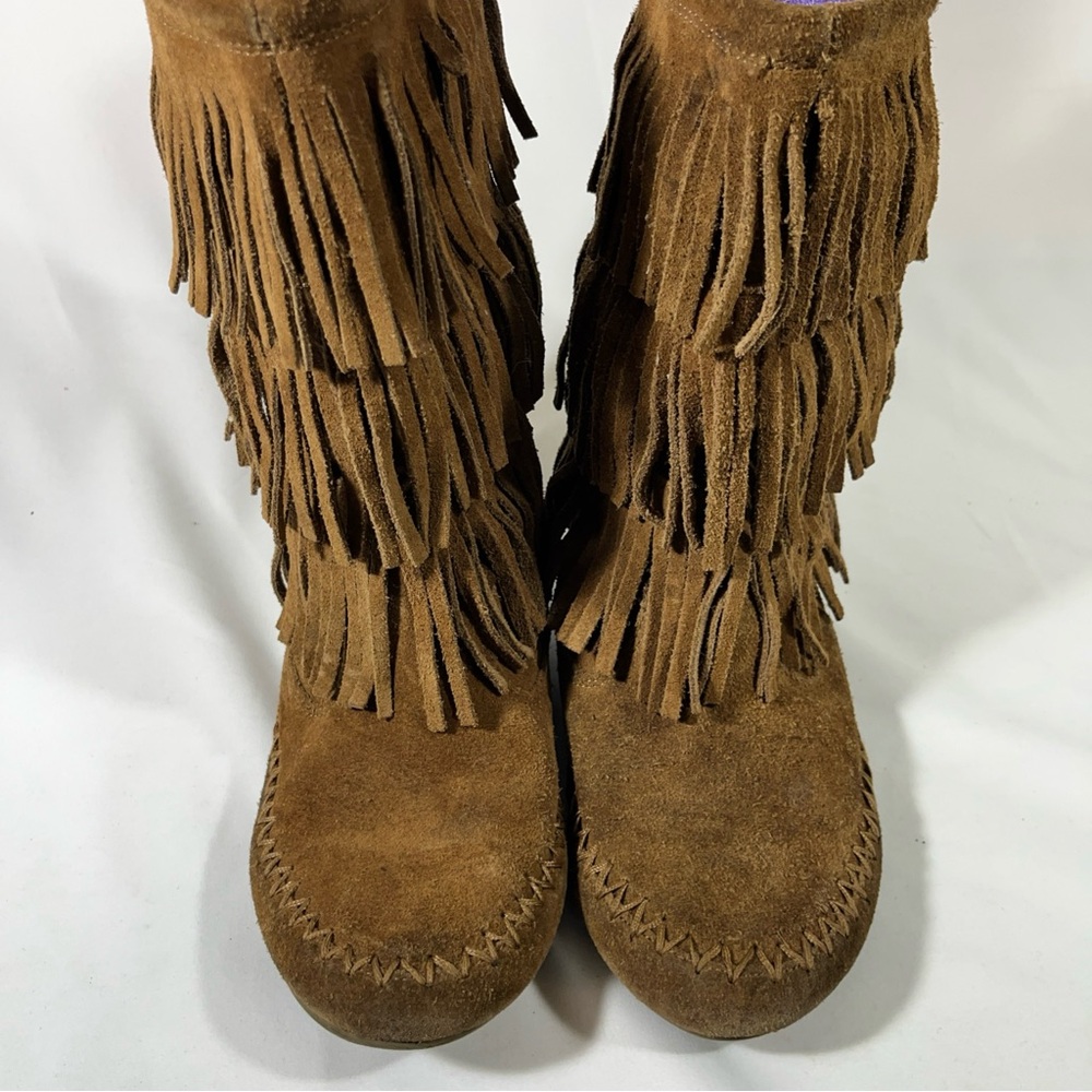 MAKALU CALIFORNIA NALANI SUEDE LEATHER BOOTS TIERED FRINGE GIRLS BROWN 3.5 YOUTH - Picture 2 of 13